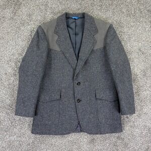 Vintage Pendleton Mens‎ 44 Blazer Grey Blue Wool Tweed Suede Yoke Elbow Patches